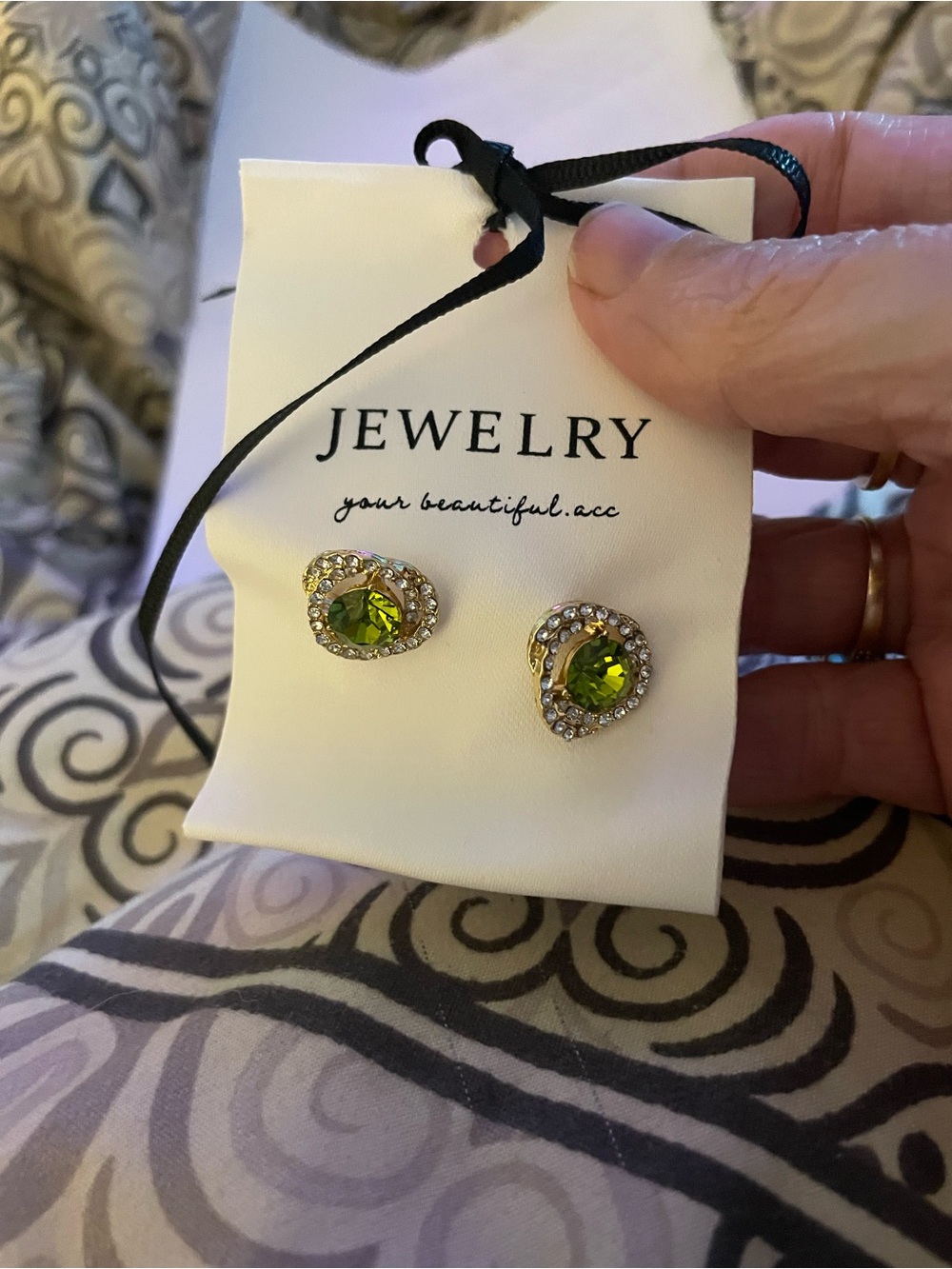 Green Crystal Halo Stud Earrings - Gold Tone